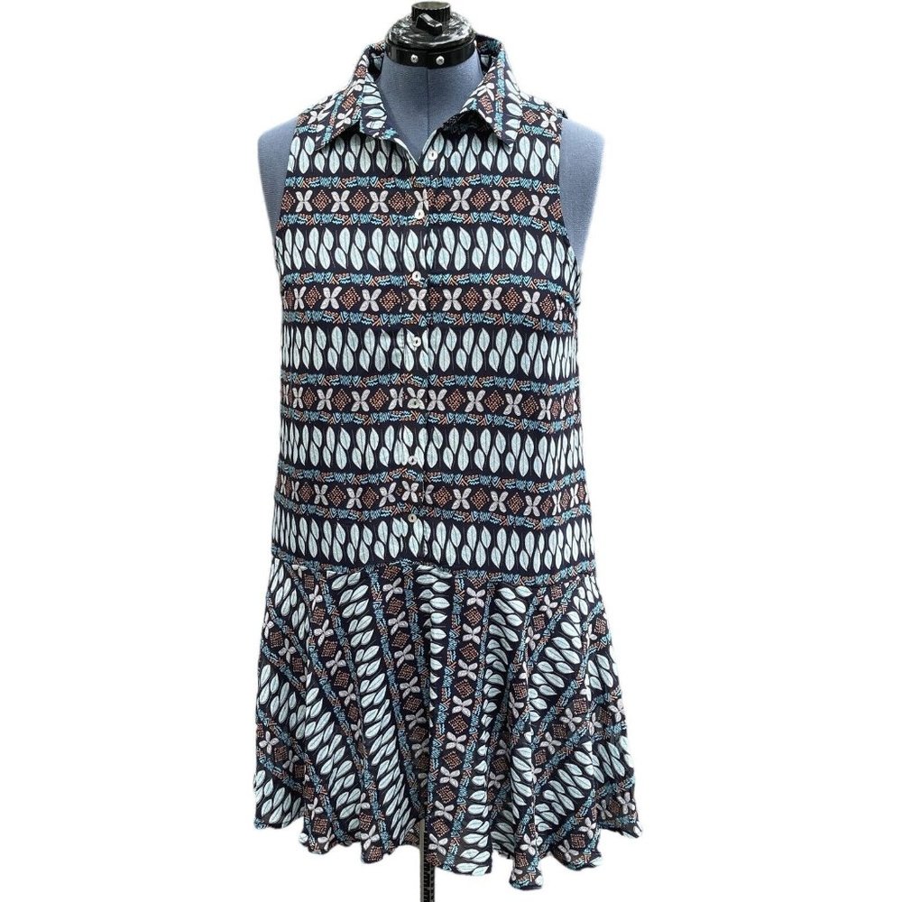 ENTRO Sleeveless Drop Waist Dress Hi-Lo Large Navy Multi Print Collar Silky NWT